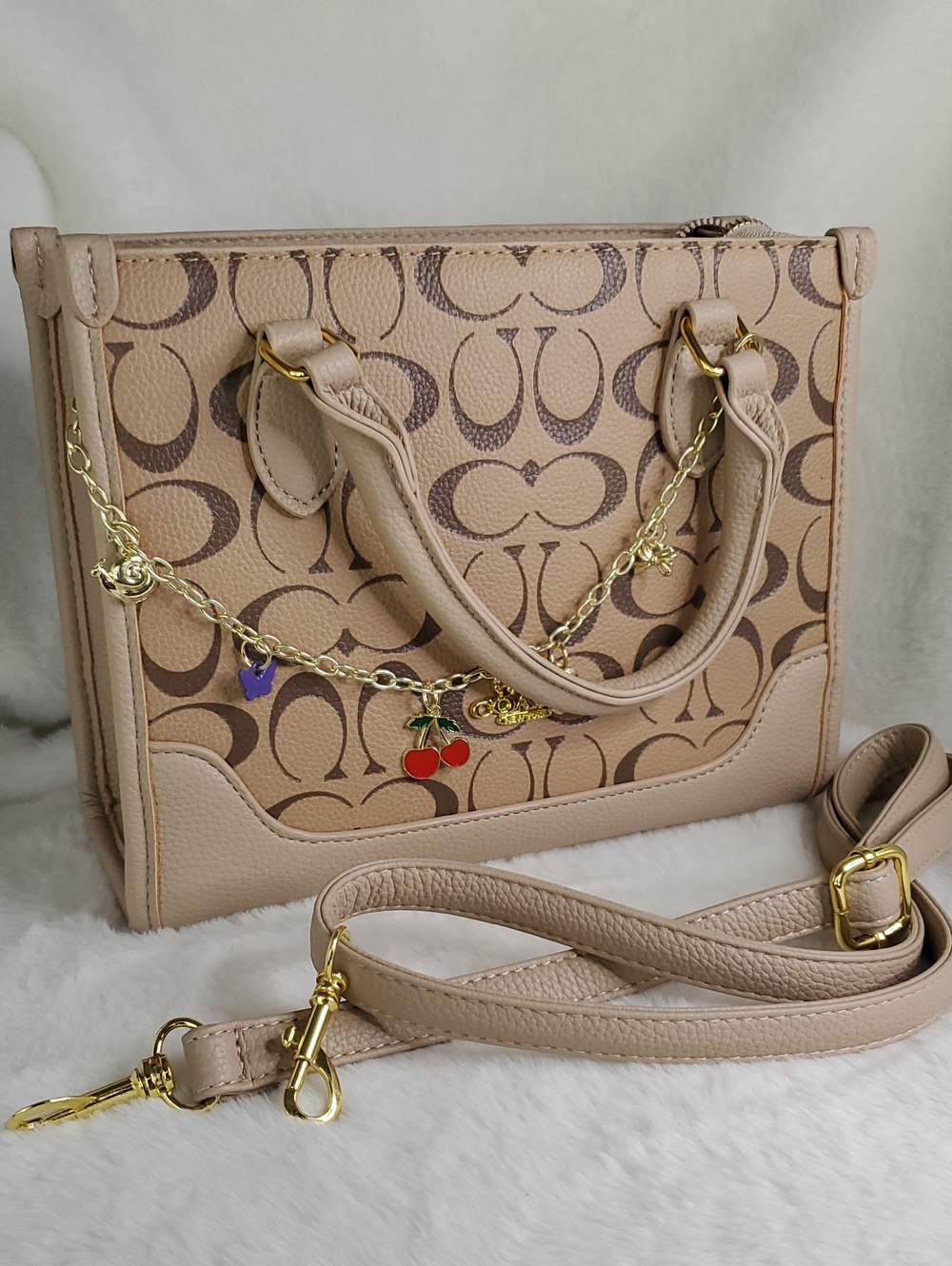 Source Unknown Beige Logo Satchel with Gold Charm Chain